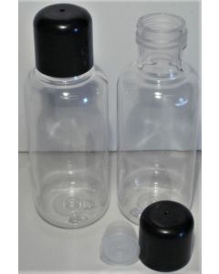 Klar plastflaske - indsats med hul - sort låg - 100 ml. 